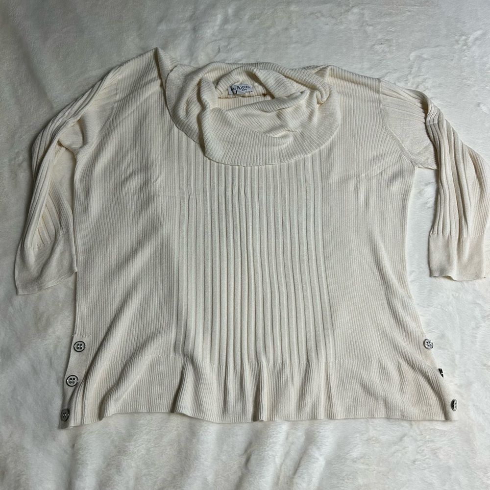 Kim Rogers Cream Ribbed Short-Sleeve Sweater with Side Buttons